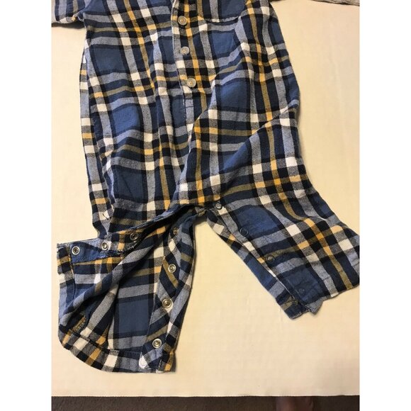 Carters Infant Boy's Size 9 Month Romper Long Sleeve Plaid Blue Yellow Preowned - Picture 4 of 7